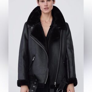 Zara Faux Leather Shearling Biker Moto Belted Jacket